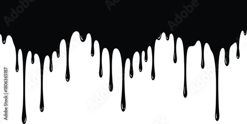 Dripping liquid icon set, silhouette black fluid pattern with elongated drops, black and white illustration, paint, ink, texture, vector grid