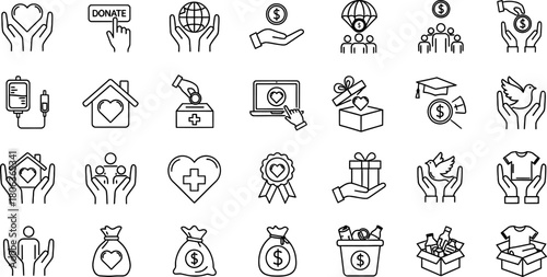 Charity donation and humanitarian aid line icon vector set