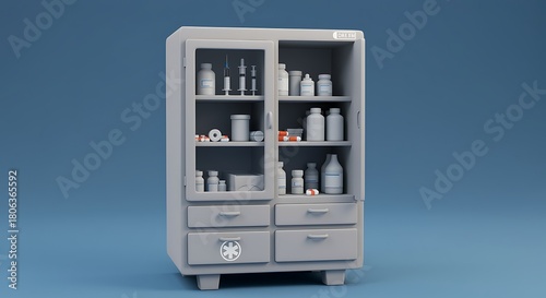 Vintage Medical Cabinet Full of Medicines and Supplies for Healthcare Professionals in Hospitals and Clinics for Treatment and Care
