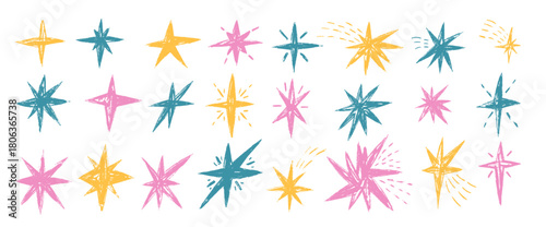 Colorful hand drawn stars. Crayon twinkles spark icons set. Pencil scribble magic twinkles. Kids paint stickers blinks. Christmas childish blue, pink shine decoration. Vector asterisk isolated no bg.