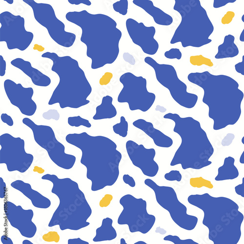 Abstract blob seamless pattern. Freeform liquid blue blobs background. Simple flat amoeba spots. Camouflage print. Simple mini splashes. Vector seamless blue, yellow uneven texture bg illustration.