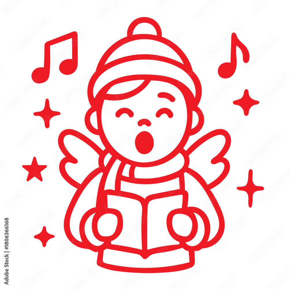 Fototapeta premium Cute Christmas Caroler Vector Outline Singing from Book with Musical Notes