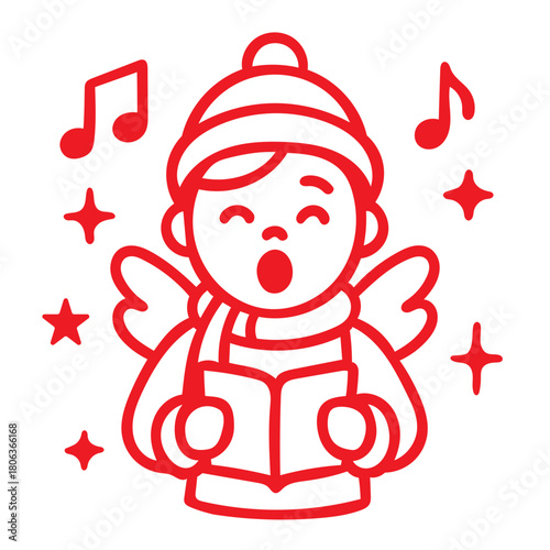 Cute Christmas Caroler Vector Outline Singing from Book with Musical Notes