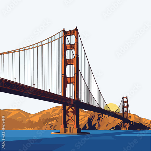 Illustration of the Golden Gate Bridge with cable suspension, against a backdrop of mountains and blue water, under a bright white sky.