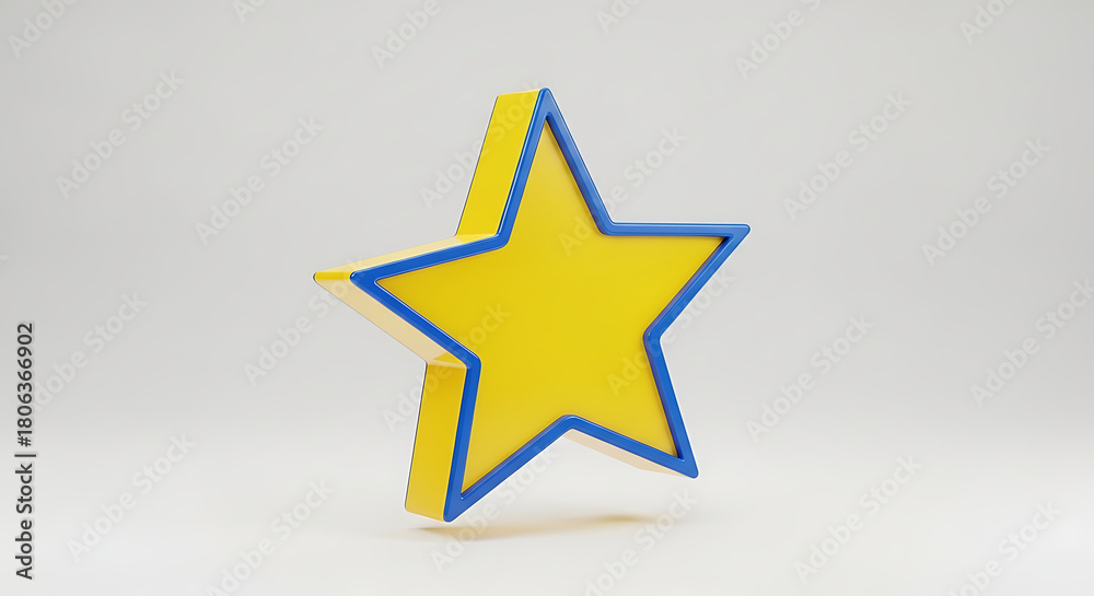 Fototapeta premium A three-dimensional yellow star icon with a blue outline, isolated on a white background. Symbol of rating, achievement, and quality