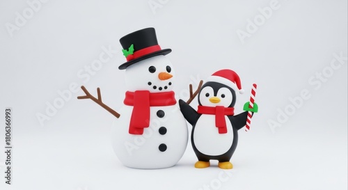 Festive Snowman and Penguin with Candy Cane on White Background
