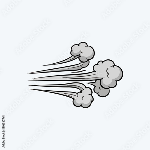 A stylized illustration depicting a gust of wind with grey cloud-like puffs and streaks.