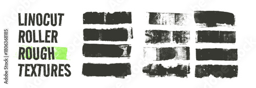 Set of linocut roller rough textures. Ink or paint brush strokes backgrounds. Grunge rough edged rectangle text boxes. Wide distressed brush stroke streaks. Grange handmade vector textures ink rolled.