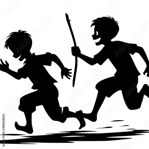 Boy Chasing Friend with Stick Sword