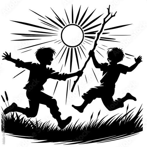 Boy Chasing Friend with Stick Sword