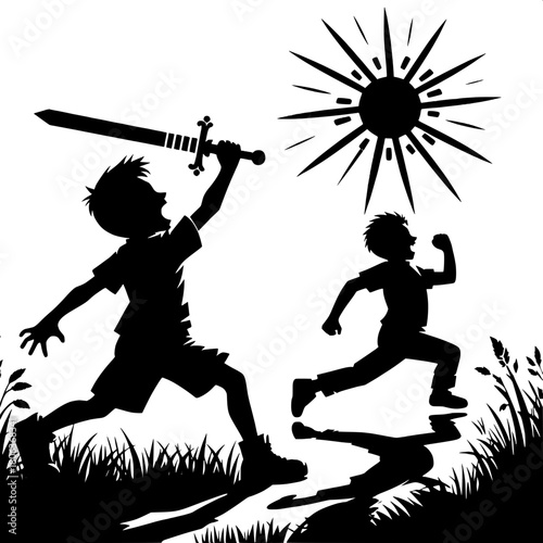 Boy Chasing Friend with Stick Sword