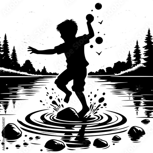 Boy Throwing Stones into Lake