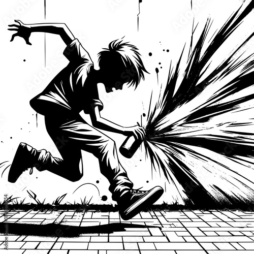 Boy Drawing Graffiti on Wall with Chalk