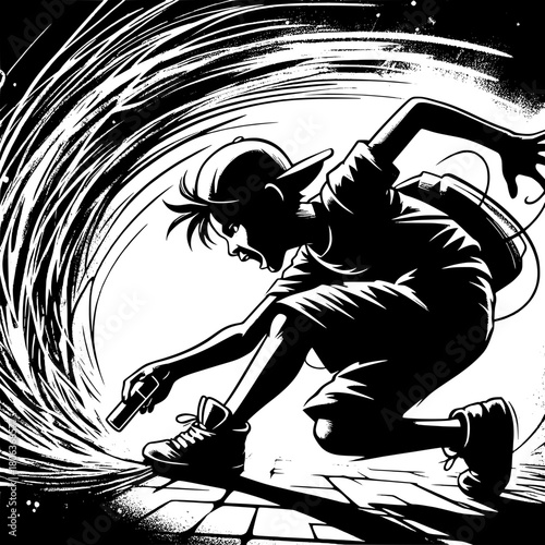 Boy Drawing Graffiti on Wall with Chalk