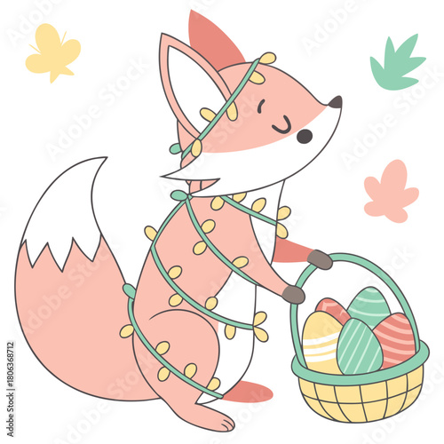 A Shy Foxe with wrapped in fairy lights in a Easter theme – Springtime Joy palette SVG illustration