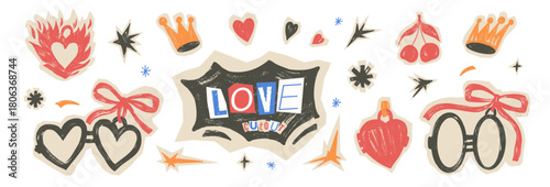 Love cutouts symbols. Heart in a fire, crayon frames stickers. Scrapbook pastel cherry, crown, star, and bow coquette doodle elements for Valentine day scrawl design. Vector scribble stickers no bg.