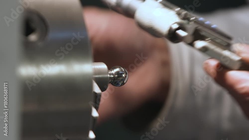 Technician Inspecting Precision Machined Metal Part in Manufacturing