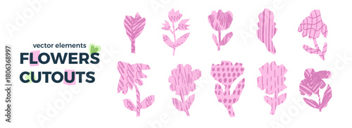 Set of flowers paper cutouts. Scrapbook pink and purple floral elements. Collage papers naive chamomile and wildflowers shapes. Scrapbook handmade crayon pencil textured plant. Vector collages figure.