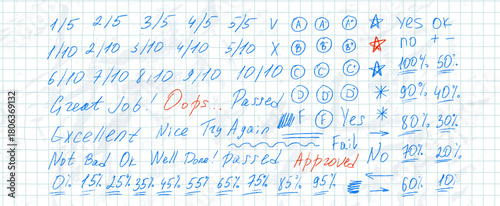 School exam marks icons on crumpled math grid paper. Teacher note hand drawn blue pen set. Exam scribbles symbols. Educational marks, score, test results. Vector handmade fail and approved check.
