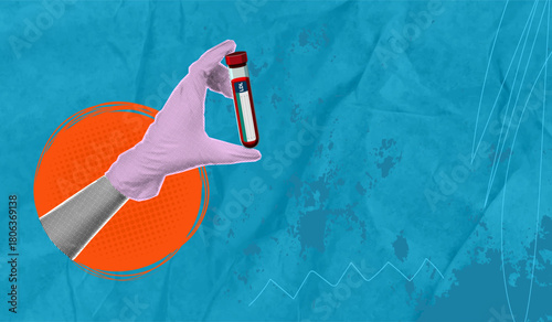 A trendy halftone pop art collage featuring a hand in a medical glove holding a test tube of blood. White space for text. Concept for medical testing for human health.
