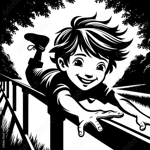 Boy Sliding Down Railing