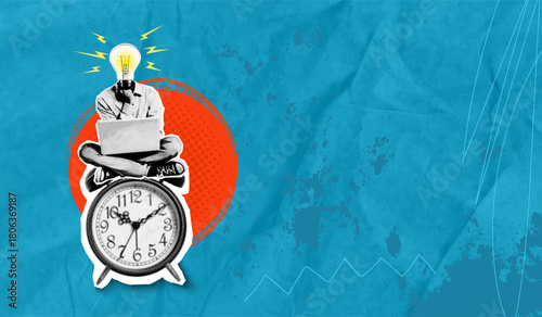 A trendy halftone pop art collage depicting a man with a lightbulb for a head, sitting on an antique clock and working on a laptop. Conceptually, it's about working under time constraints.