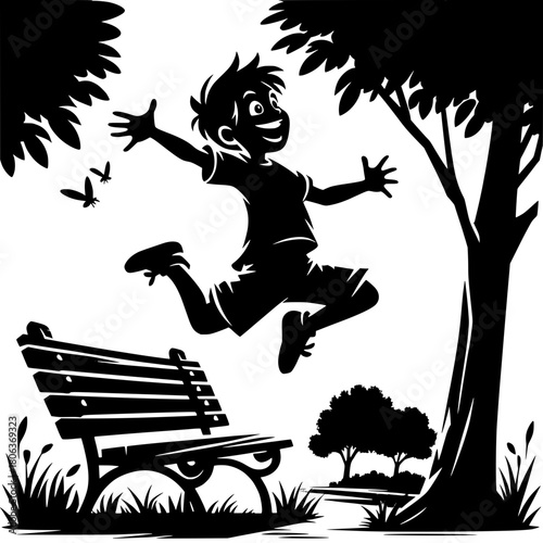 Boy Jumping Between Benches
