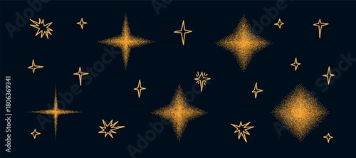 Grain gradient twinkles shapes. Y2k dot noise night sky with stars figures set. Sparkle and bling dots gradation airbrush elements. Vector grainy texture stardust shapes set on black background.