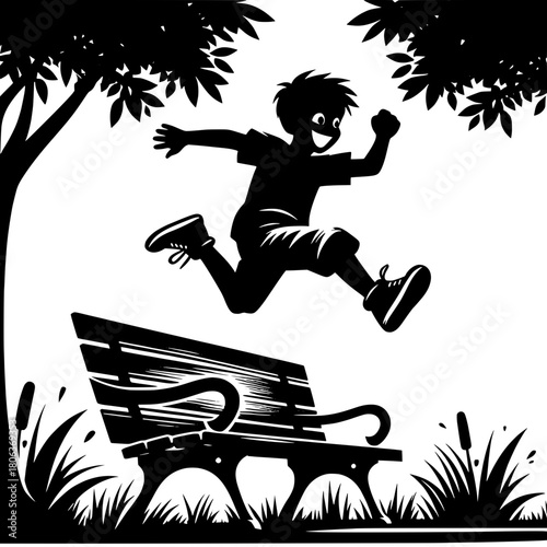 Boy Jumping Between Benches