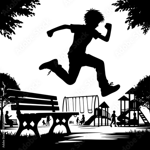 Boy Jumping Between Benches