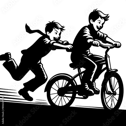 Boy Hanging Onto Moving Bicycle’s Back