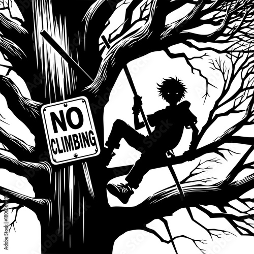 Boy Climbing Prohibited Tree