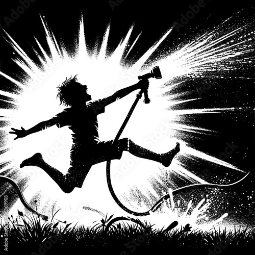 Boy Spraying Water Hose Everywhere