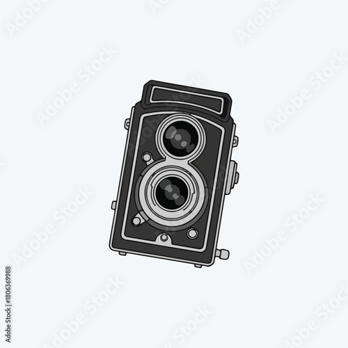 A detailed illustration of a classic twin-lens reflex camera, depicted in a grayscale style.