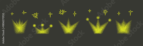 Y2K grain gradient neon crown icons. Dot gradation airbrush king symbols yellow spray illustration. Vector vintage aesthetic grainy queen crowns figures with sand dust texture on black background.
