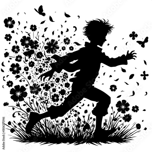 Boy Running Through Flower Garden
