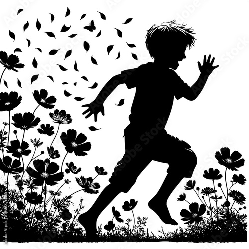 Boy Running Through Flower Garden