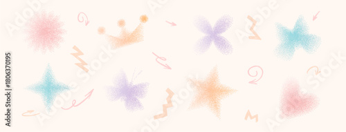 Y2K noise gradient icons pattern. Spray dots butterfly, flower, twinkle spray design. Soft glow and dreamy texture for retro or futuristic art. Vector abstract gradation dots with trendy vintage tone.