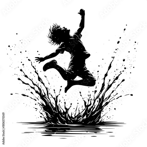 Boy Splashing in Rainwater Puddle