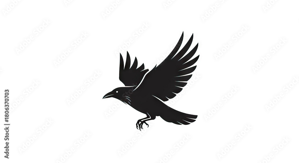Obraz premium A black raven in flight wings spread claws extended poised in midair against a white backdrop