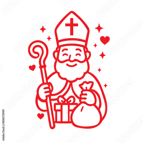 Cute Saint Nicholas Vector Outline Holding Staff and Gift Sack