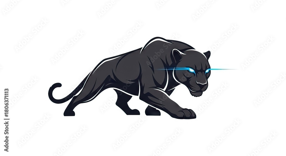 Obraz premium A sleek black panther with striking blue eyes poised in a predatory stance against a plain white background