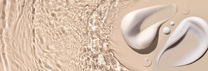 cosmetic cream smears, smooth and shiny texture, water texture ripple wave clean transparent water drops abstract beige background