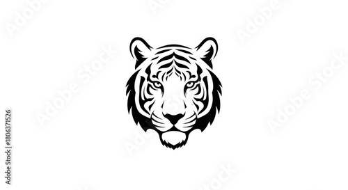Black and white illustration of a tiger head with visible stripes nose eyes and ears