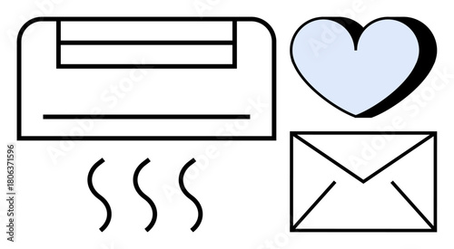 Air conditioner releasing cool air, blue heart, and envelope symbolizing comfort, love, and messages. Ideal for technology, emotions, communication care lifestyle relationships climate. Simple