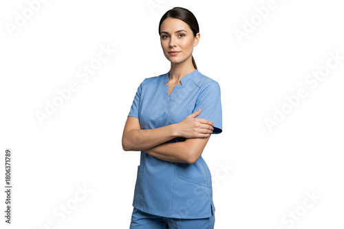 Isolated female nurse in light blue scrubs with arms crossed
