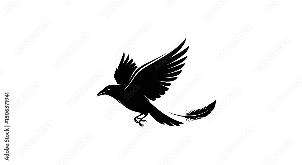 Obraz premium Black silhouette of a bird in flight with a feather at its tail against a white background