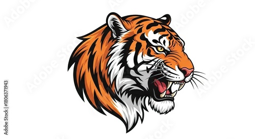 Closeup illustration of a tiger head orange with black stripes snarling