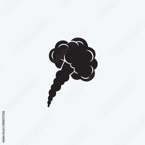 Black silhouette of a rising cloud of smoke, tapering from a thick, billowing top to a narrow stream.