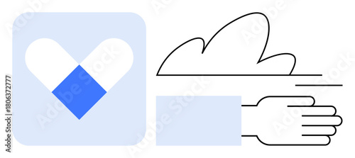 Heart icon with blue accents beside hand moving swiftly through air, evoking efficiency, care, health services, teamwork, progress, innovation, and sustainability. Ideal for simple flat metaphor